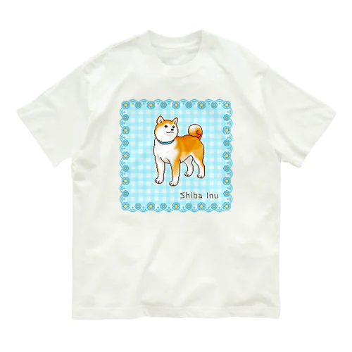 水色の花フレームに囲まれた柴犬のドット絵 Organic Cotton T-Shirt