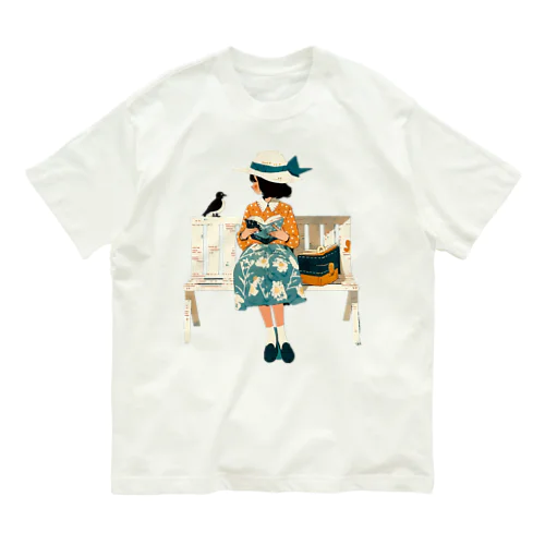 小鳥と少女のベンチ オーガニックコットンTシャツ