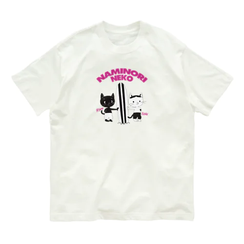 CATLES NAMINORI NEKO 波乗り猫（ピンク文字） オーガニックコットンTシャツ