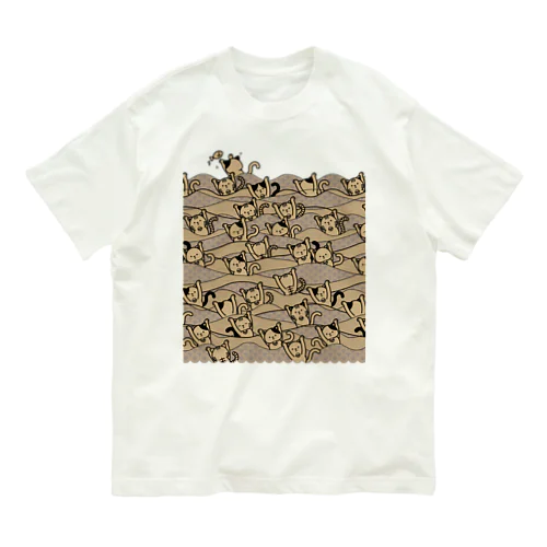 和柄シンクロナイズドスイミング猫（淡色×茶色） オーガニックコットンTシャツ