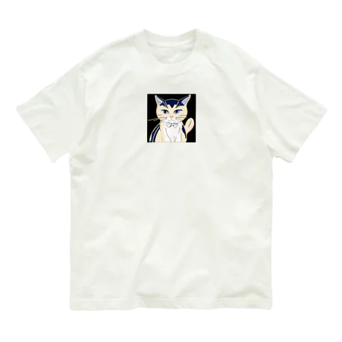 気品ある猫 シマシマ柄 オーガニックコットンTシャツ