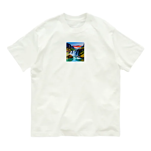 夜明けの滝と山々の美しい自然風景 オーガニックコットンTシャツ