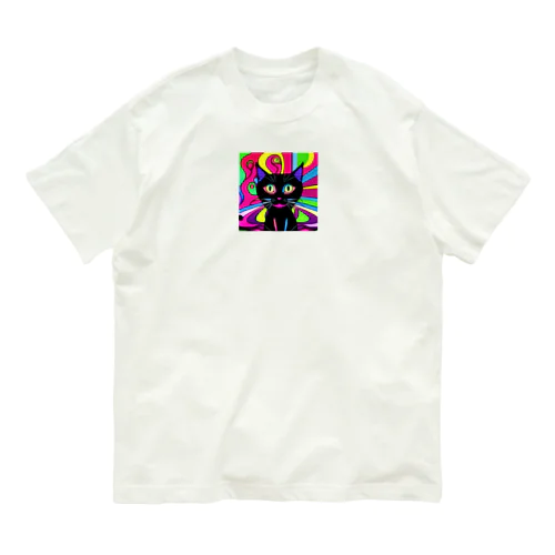 サイケデリック黒猫ちゃん オーガニックコットンTシャツ