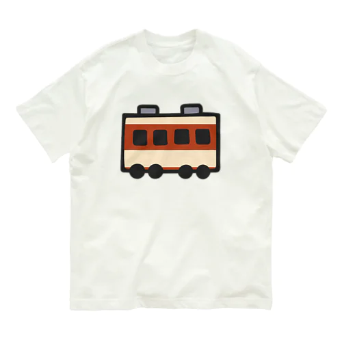 昔の電車：えんじ＆クリーム オーガニックコットンTシャツ