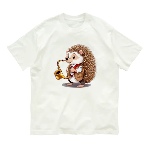 サックスを演奏するハリネズミ オーガニックコットンTシャツ