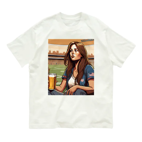 アメリカ人女性が野外でビール片手に オーガニックコットンTシャツ