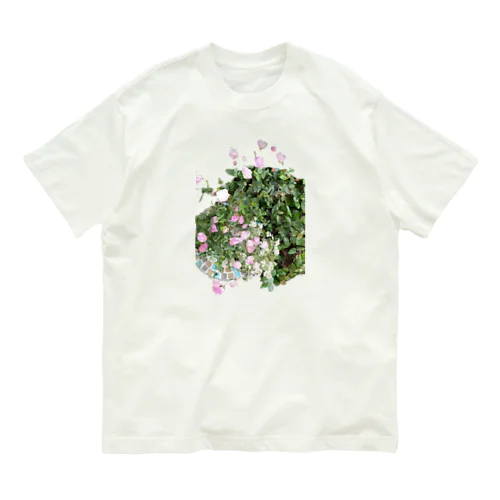 ピンクと白のお花 オーガニックコットンTシャツ