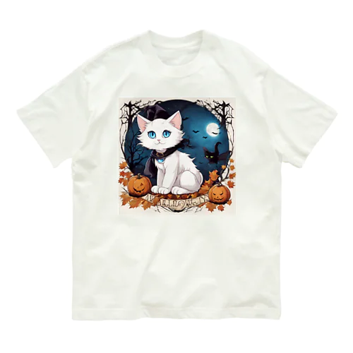 ハロウィンの白猫08 オーガニックコットンTシャツ