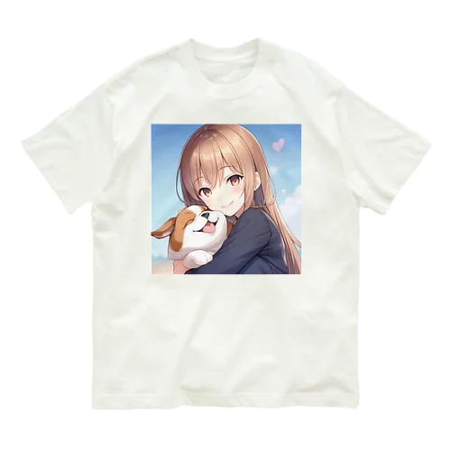 愛犬を抱きしめる少女 オーガニックコットンTシャツ