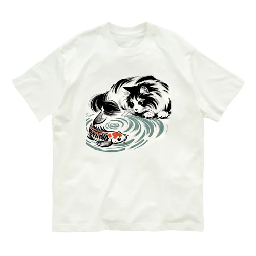 猫と鯉（水墨画風） オーガニックコットンTシャツ