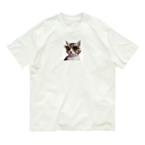 おしゃれまつげメガネ猫ちゃん オーガニックコットンTシャツ