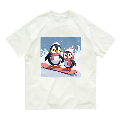 ペンギン親子でスノボ オーガニックコットンTシャツ