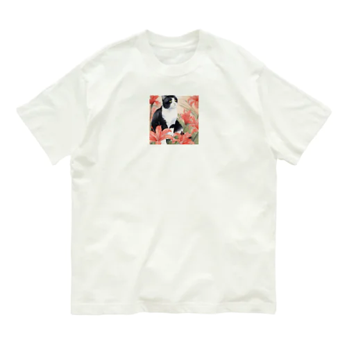 白黒ハチワレ猫と彼岸花 オーガニックコットンTシャツ