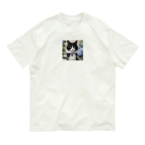 ハチワレ猫白黒と紫陽花 Organic Cotton T-Shirt