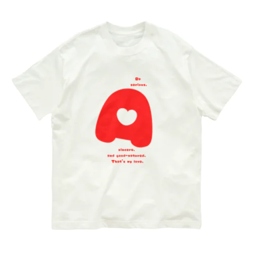 「可愛らしく、首をかしげるA」めちゃかわ半袖・長袖Tシャツ♪・正面プリント（文字色→赤） 유기농 코튼 티셔츠