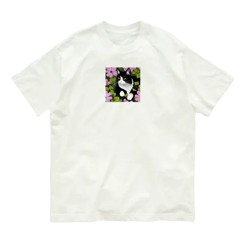 ハチワレ白黒猫とオキザリス Organic Cotton T-Shirt