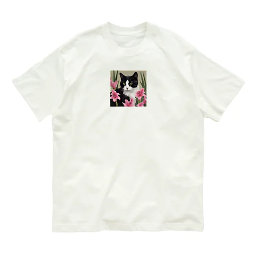 ハチワレ白黒猫とクレマチス オーガニックコットンTシャツ