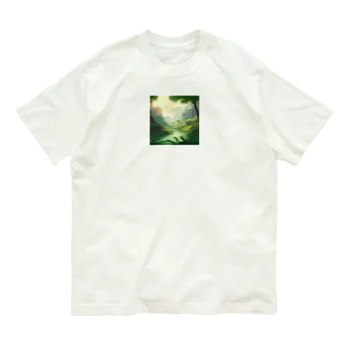  幻想の森 グリーンウンダー アートプリント オーガニックコットンTシャツ