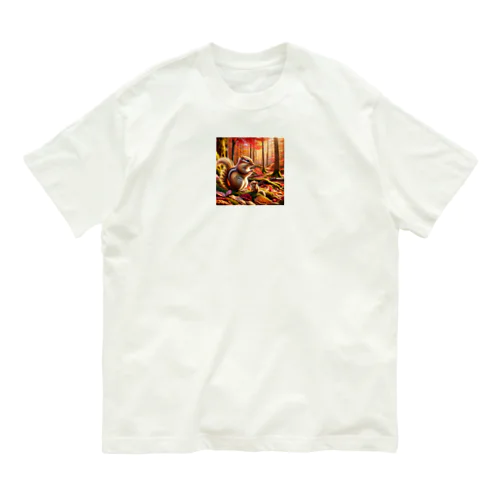 シマリスの親子と紅葉狩り Organic Cotton T-Shirt