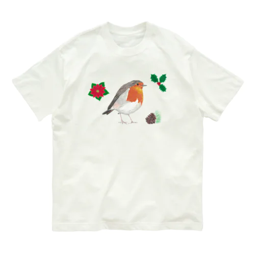 [森図鑑] クリスマスロビン(西洋こまどり)A オーガニックコットンTシャツ