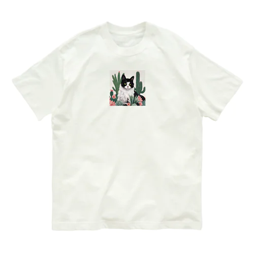 ハチワレ白黒猫とサボテン Organic Cotton T-Shirt