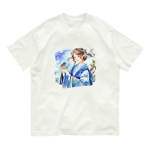 日本人女性手の上の小鳥 オーガニックコットンTシャツ