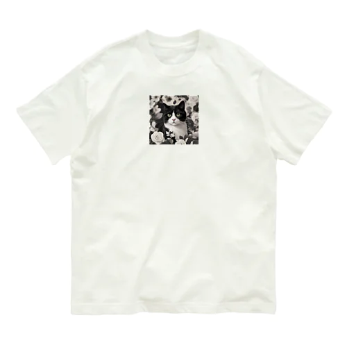 ハチワレ白黒猫とジャスミン オーガニックコットンTシャツ
