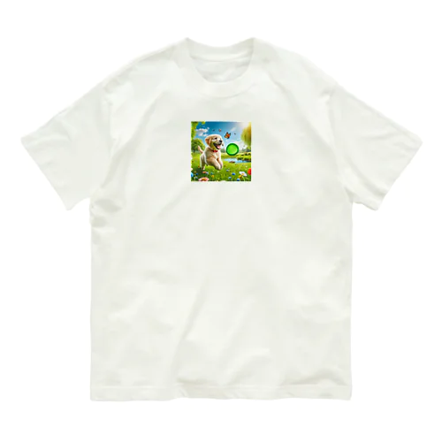 蝶々と遊ぶ子犬 Organic Cotton T-Shirt