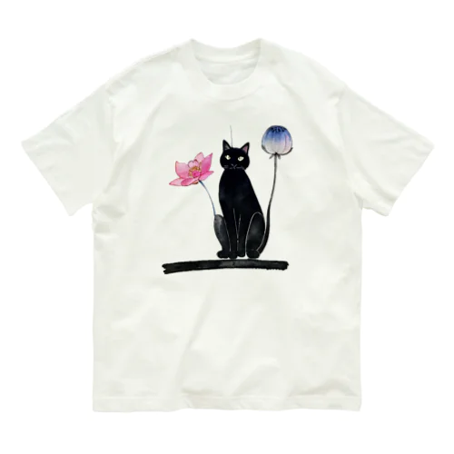 黒猫と花 オーガニックコットンTシャツ