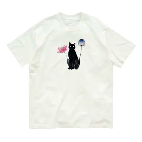 黒猫と花 オーガニックコットンTシャツ