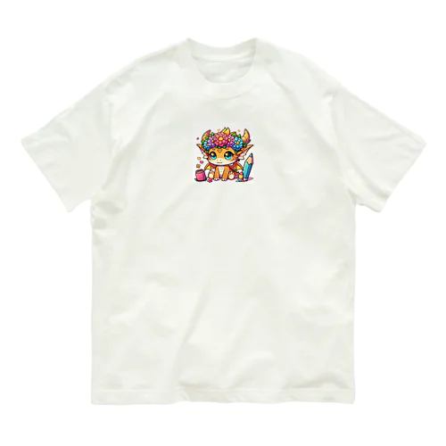 鮮やかな色彩と愛らしい表情が魅力的なドラゴンのイラスト オーガニックコットンTシャツ