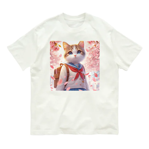 桜咲く華の学生猫 momo　 オーガニックコットンTシャツ