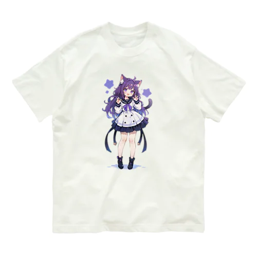 にゃんにゃん猫ちゃん女の子 オーガニックコットンTシャツ