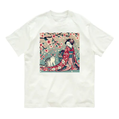 和風cat 見返り桜 Organic Cotton T-Shirt