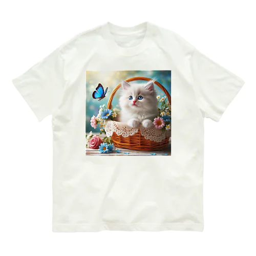 「青い蝶々を見つめる白猫」 Organic Cotton T-Shirt