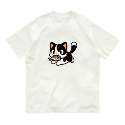 お魚くわえて走る猫です。 オーガニックコットンTシャツ
