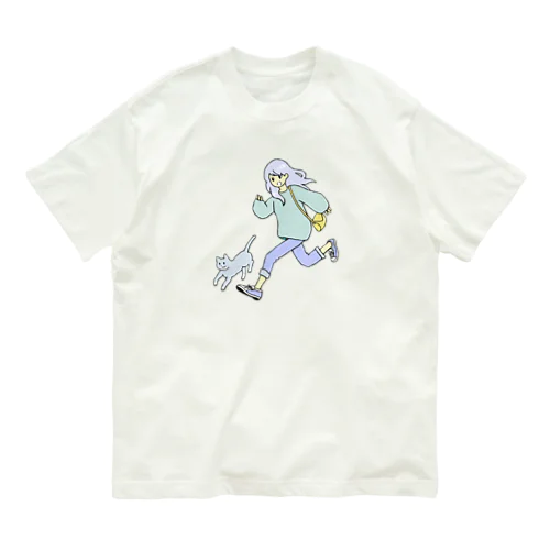 女の子と猫走る Organic Cotton T-Shirt