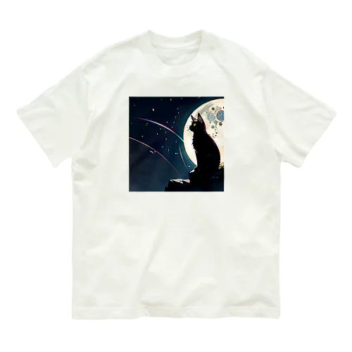 月夜を眺める黒猫 オーガニックコットンTシャツ