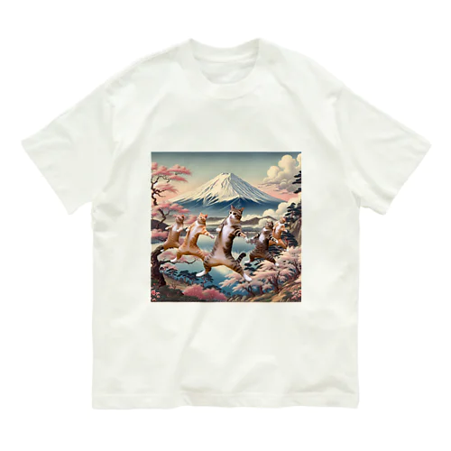 富士山とダンス猫 オーガニックコットンTシャツ