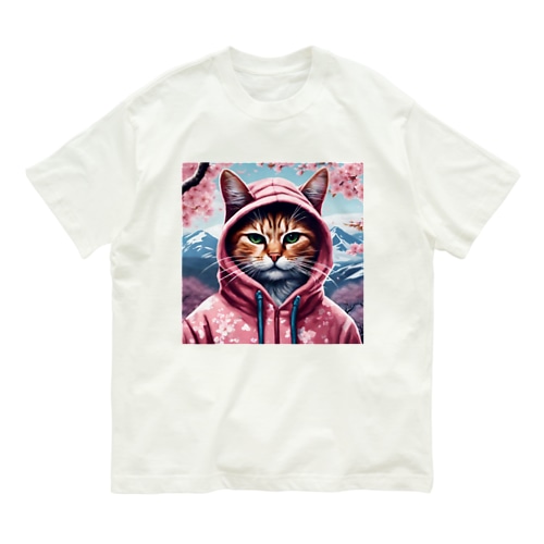 桜舞うなかオシャン猫 Organic Cotton T-Shirt