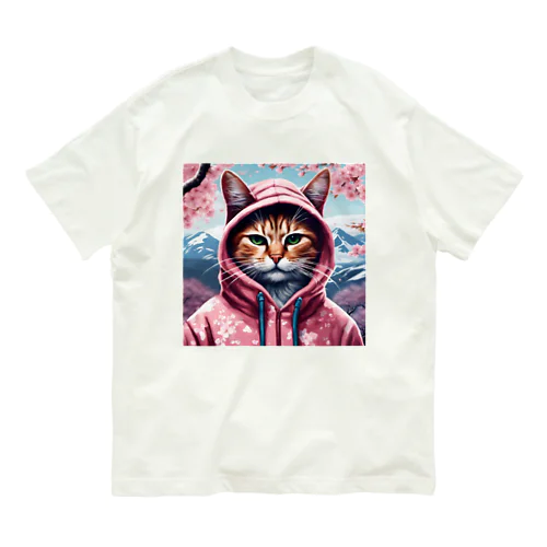 桜舞うなかオシャン猫 オーガニックコットンTシャツ