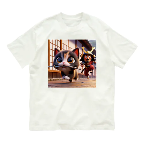 猫と侍と刀 オーガニックコットンTシャツ