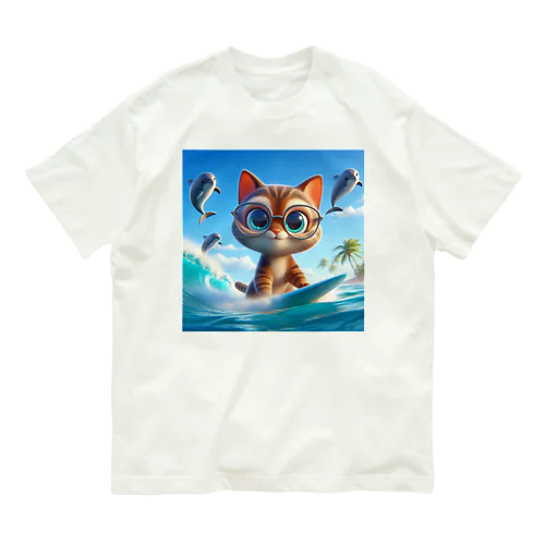 お気に入りのサーフボードでサーフィンする猫 Organic Cotton T-Shirt