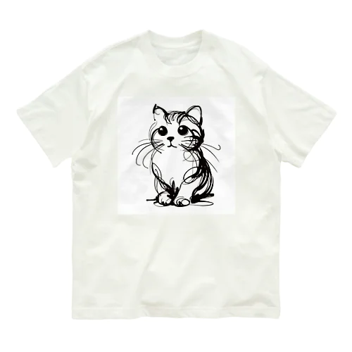 一筆書きで描かれたかわいい猫のイラスト オーガニックコットンTシャツ