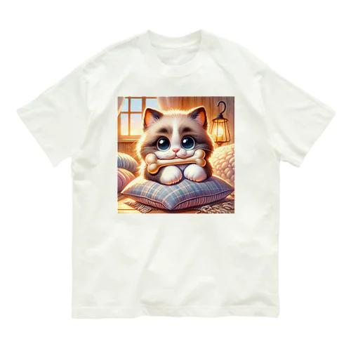 骨をくわえた猫ちゃん オーガニックコットンTシャツ