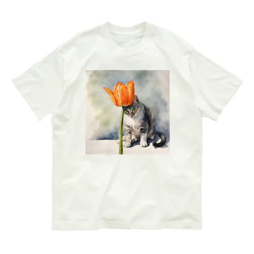 チューリップで反省するネコ Organic Cotton T-Shirt