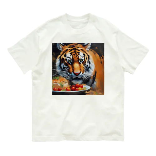 トラと皿の上の果物 オーガニックコットンTシャツ