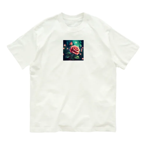 華やかなピンクの薔薛 オーガニックコットンTシャツ