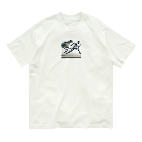 Speed Symbiosis: Man and Cheetah in Stride オーガニックコットンTシャツ