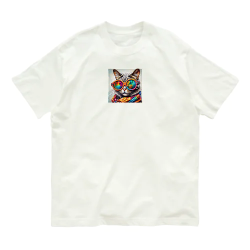 カラフルメガネをかけた猫 オーガニックコットンTシャツ